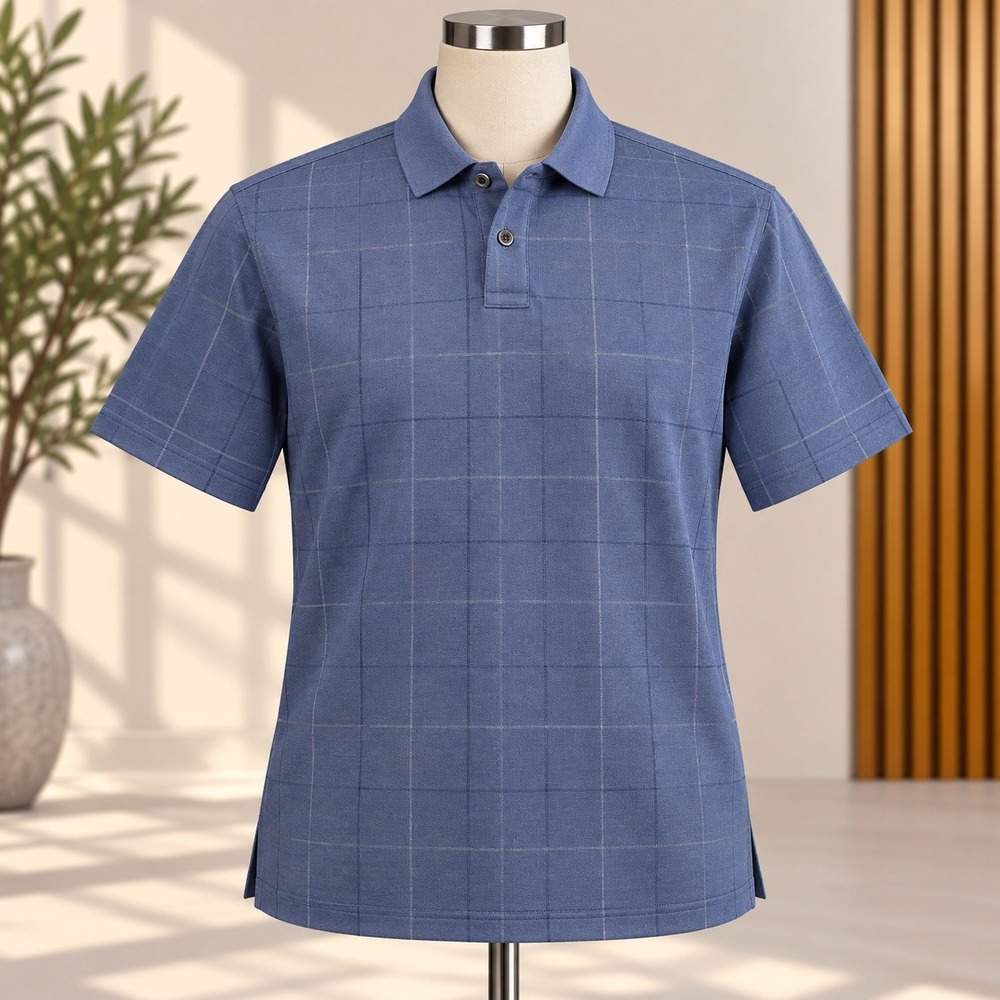 Van Heusen Polo Shirt Mens M Blue Grid Flex Classic Fit Short Sleeve Casual